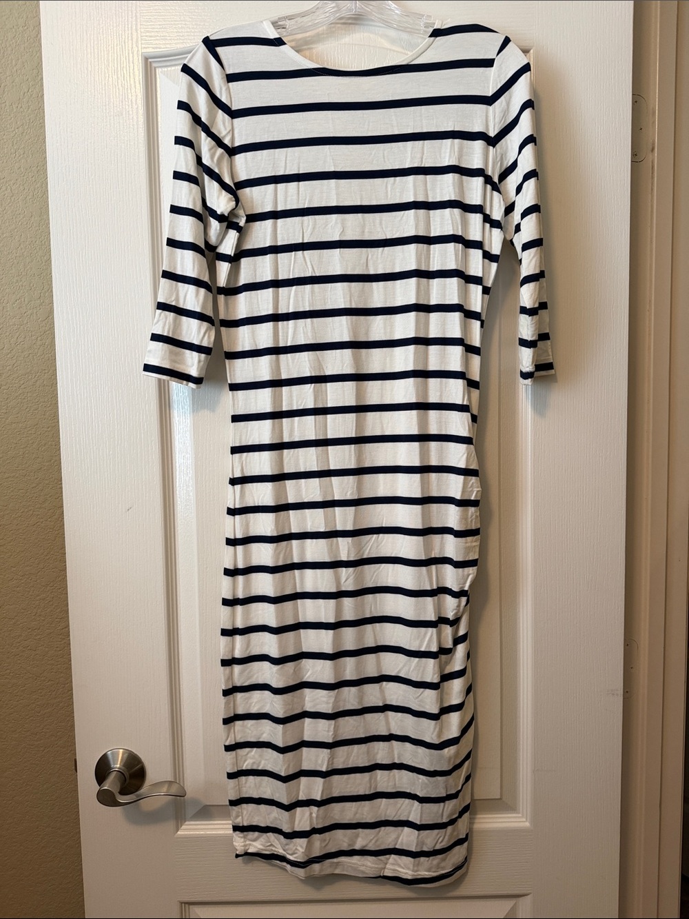 Eleven Paris White and Navy Striped Long Sleeve Midi Dress